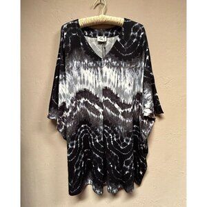Que Women Tie-Dye V-Neck Kimono Sleeve Tunic Top XS Black Cover Up Oversized New